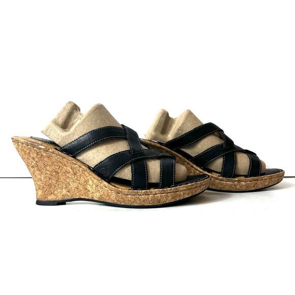 Born Womens Sz 10M Wedge Cork Heel Sandals Leather Black Casual Slip On Open Toe - Picture 4 of 12